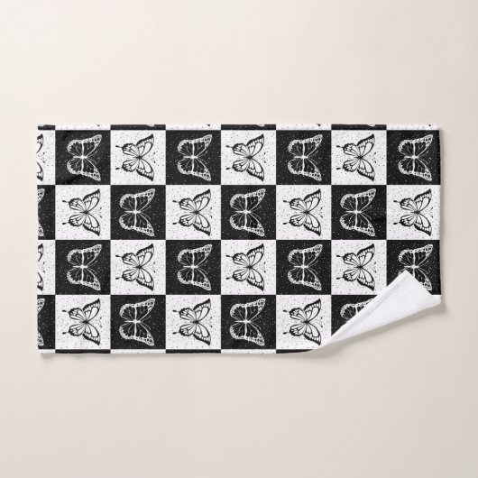 Zwart wit vlinder geruite blokprint bad handdoek (Handdoek)