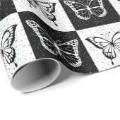 Zwart wit vlinder geruite blokprint cadeaupapier (Rol Hoek)