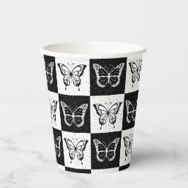 Zwart wit vlinder geruite blokprint papieren bekers