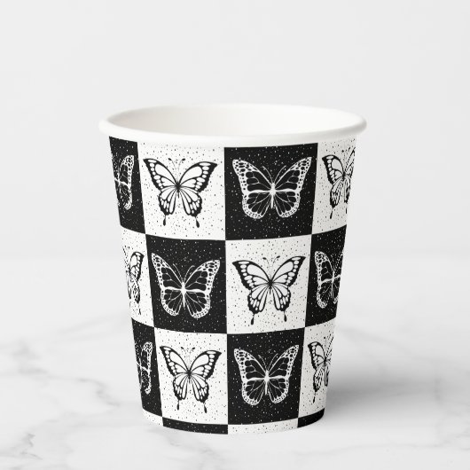 Zwart wit vlinder geruite blokprint papieren bekers (Voorkant)