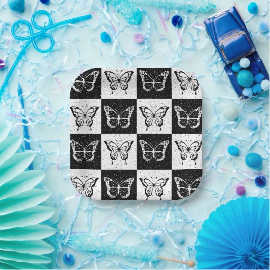 Zwart wit vlinder geruite blokprint papieren bordje (Feest)