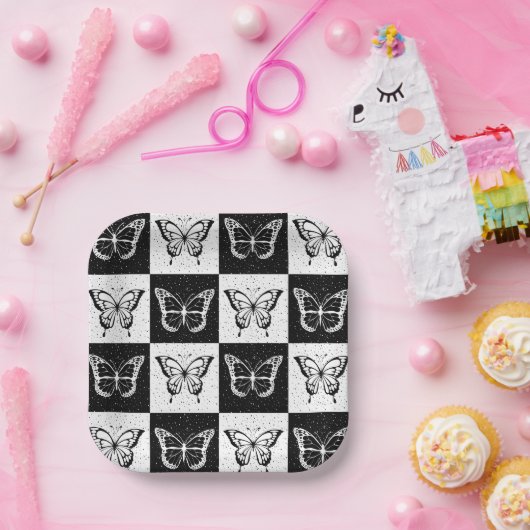 Zwart wit vlinder geruite blokprint papieren bordje (Feest)