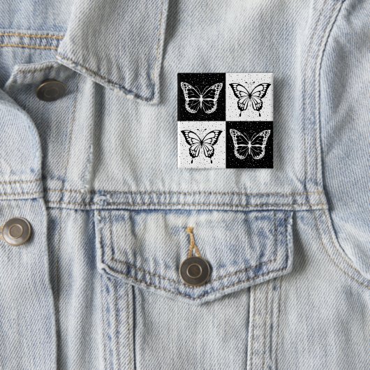 Zwart wit vlinder geruite blokprint vierkante button 5,1 cm (In situ)