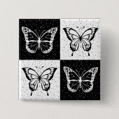 Zwart wit vlinder geruite blokprint vierkante button 5,1 cm (Voorkant)