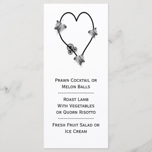 Zwart-wit vlinder hart bruiloft diner menu (Achterkant)