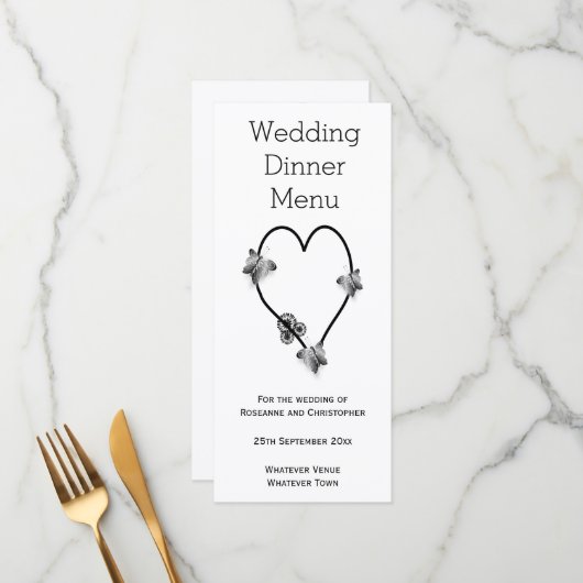 Zwart-wit vlinder hart bruiloft diner menu (Voorkant / Achterkant in situ)