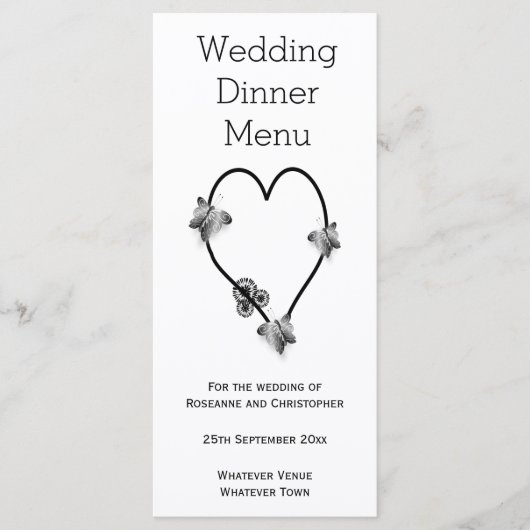 Zwart-wit vlinder hart bruiloft diner menu (Voorkant)