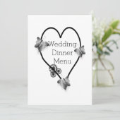 Zwart-wit vlinder hart bruiloft diner menu (Staand voorkant)