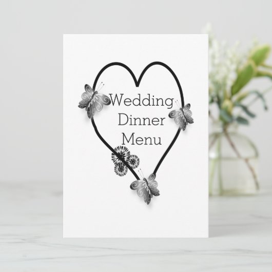 Zwart-wit vlinder hart bruiloft diner menu (Staand voorkant)