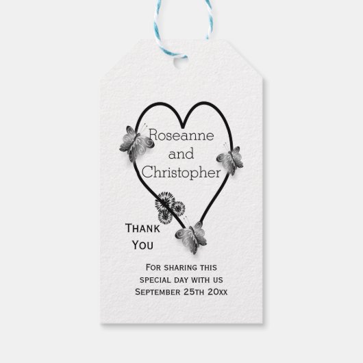 Zwart-wit vlinder hart ontwerp bruiloft cadeaulabel (Achterkant)