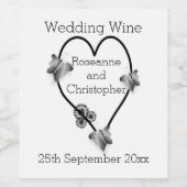 Zwart-wit vlinder hart ontwerp bruiloft wijn etiket (Enkel label)