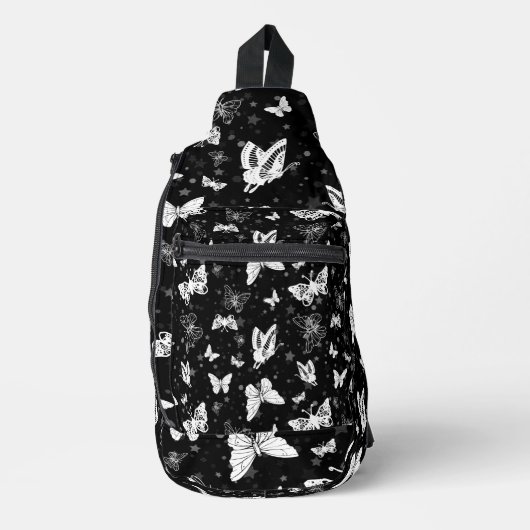 Zwart wit vlinder illustratie patroon ontwerp sling bag (Voorkant)