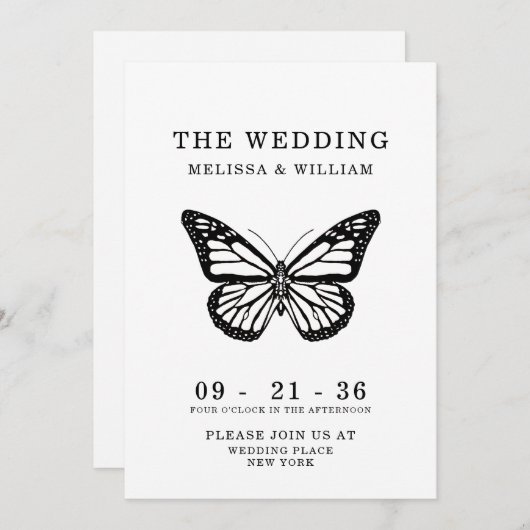 Zwart-wit Vlinder Moderne Eenvoudige Bruiloft Kaart (Voorkant / Achterkant)