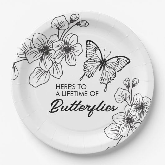 Zwart-wit Vlinder Tuin Papier Borden Papieren Bordje (Voorkant)