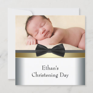 Zwart wit vlinderdas baby jongen foto doopfeest kaart