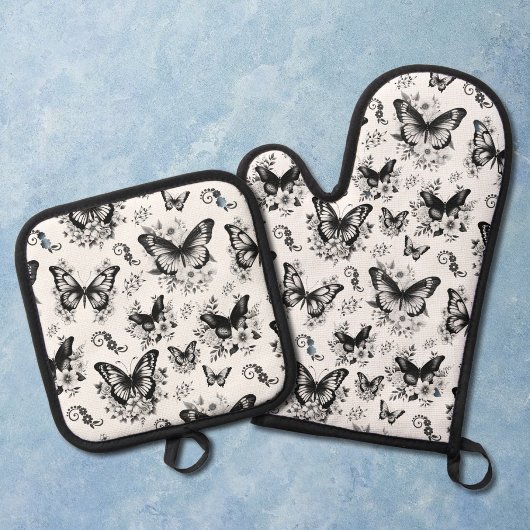 Zwart wit vlinderpatroon ovenwant & pannenlap set