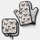 Zwart wit vlinderpatroon ovenwant & pannenlap set (Voorkant / Achterkant)