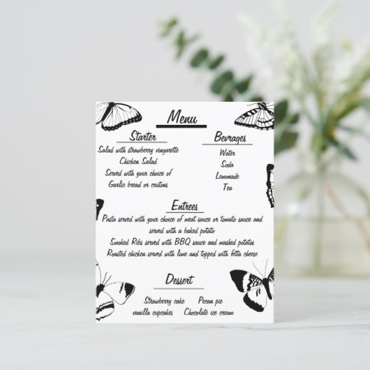 Zwart-wit Vlinders Bruiloft menu (Staand voorkant)