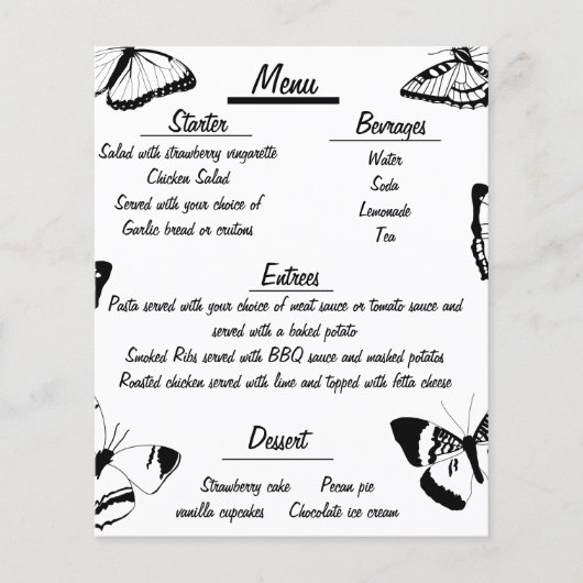 Zwart-wit Vlinders Bruiloft menu (Voorkant)