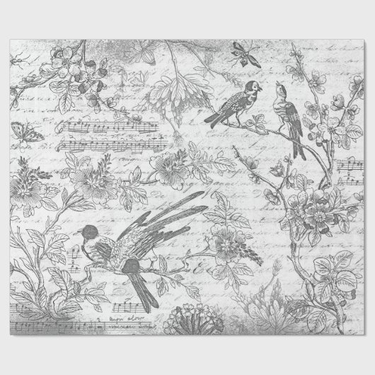 Zwart Wit Vogels Bloemen Frans Script Cadeaupapier (Vlak)