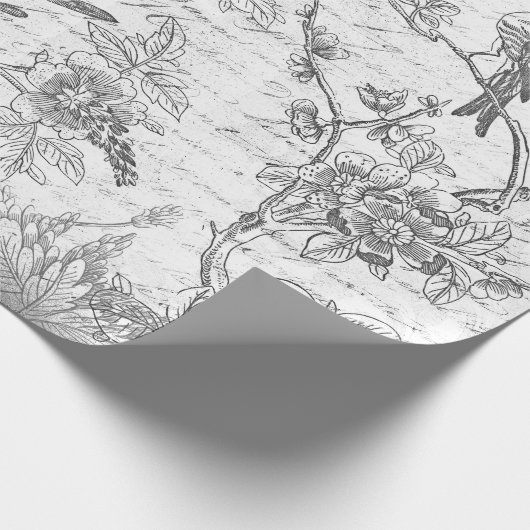 Zwart Wit Vogels Bloemen Frans Script Cadeaupapier (Hoek)