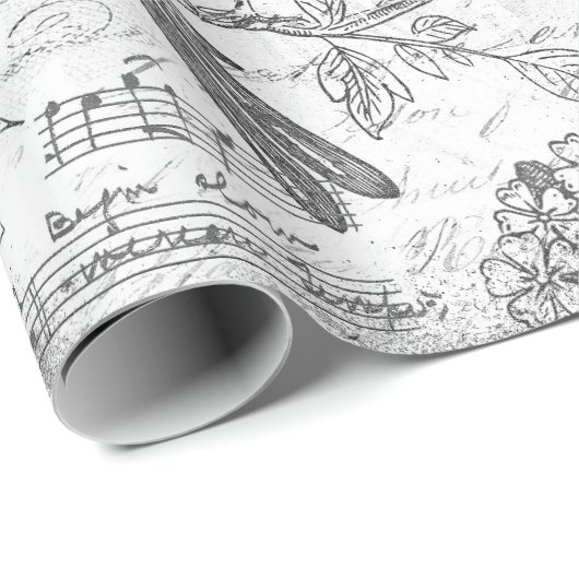  Zwart Wit Vogels Bloemen Frans Script Cadeaupapier (Rol Hoek)