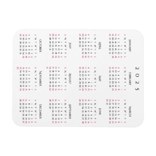 Zwart Wit Volledig Jaar 2025 Kalender Koelkast Keu Magneet (Horizontaal)