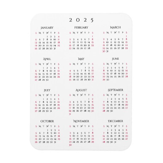 Zwart Wit Volledig Jaar 2025 Kalender Koelkast Keu Magneet (Verticaal)