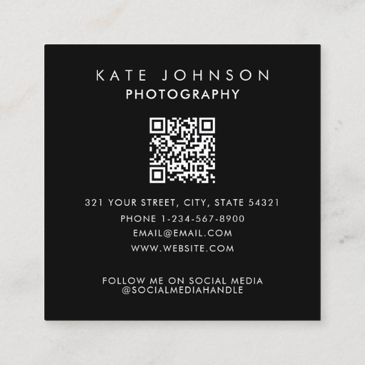 Zwart-wit Volledige Foto QR Code Sociale Media Vierkante Visitekaartje (Achterkant)