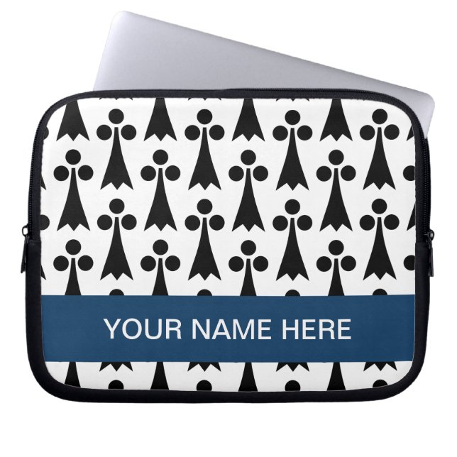 Zwart-wit vormpatroon monogram laptop sleeve (Voorkant)