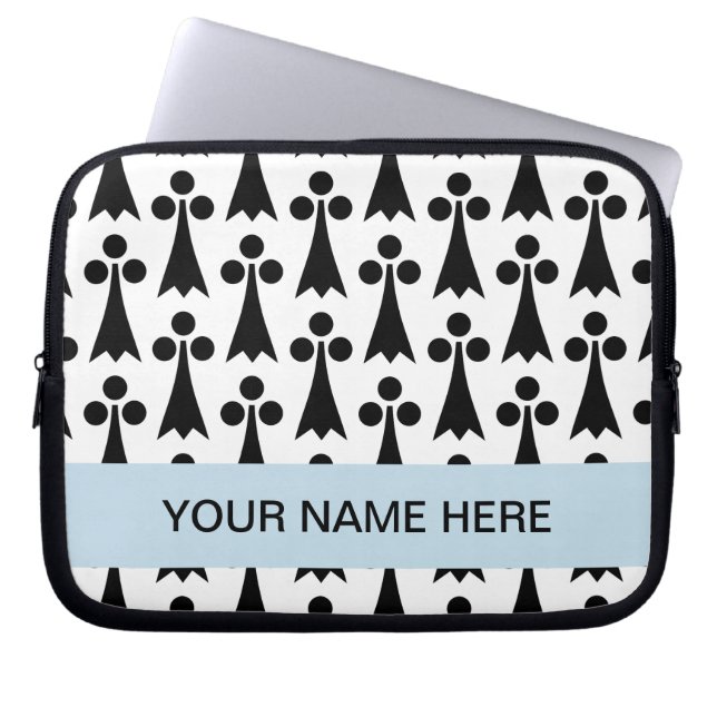 Zwart-wit vormpatroon monogram laptop sleeve (Voorkant)