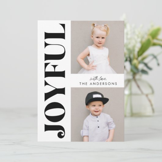 Zwart & Wit Vreugdevolle Moderne Kerstfoto Feestdagenkaart (Staand voorkant)