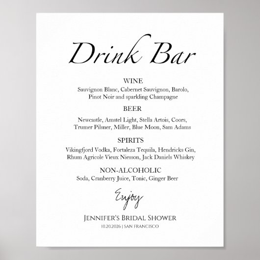 Zwart-wit Vrijgezellenfeest Drinken Menu Sign Poster (Voorkant)