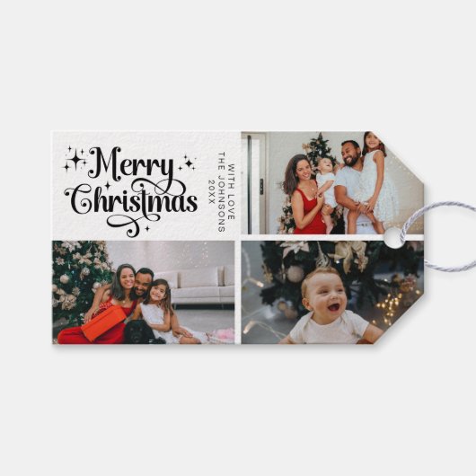 Zwart Wit Vrolijk Kerstfeest Familie Fotocollage Cadeaulabel (Voorkant (Horizontaal))