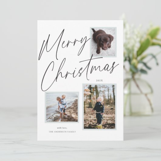 Zwart-wit Vrolijk Kerstmis Script Foto Feestdagenkaart (Staand voorkant)