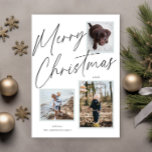 Zwart-wit Vrolijk Kerstmis Script Foto Feestdagenkaart<br><div class="desc">Deze casual,  maar toch elegante fotovakantiekaart is voorzien van drie foto's en is voorzien van een zwart script lettertype met de tekst "Merry Christmas".</div>