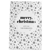 Zwart-wit vrolijk kerstsneeuwvlok patroon medium cadeauzakje (Achterkant)