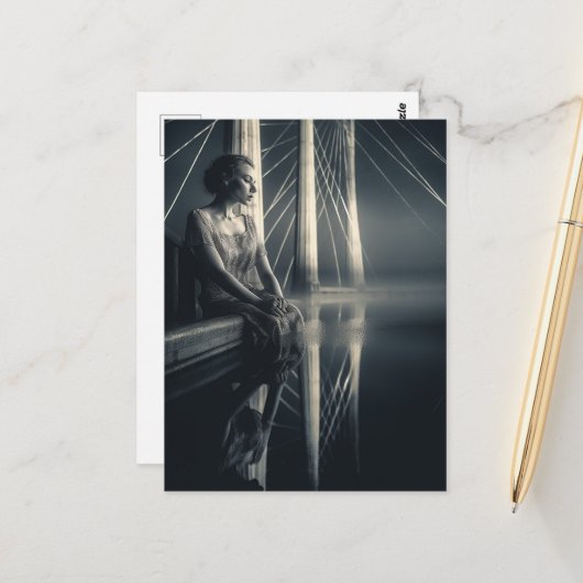 Zwart Wit Vrouw bij de Bridge Double Exposure Briefkaart (Voorkant / Achterkant in situ)