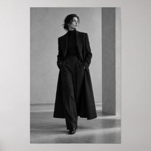 Zwart-wit vrouw in lange jas mode portret poster