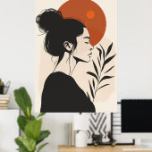 Zwart-wit Vrouw Portret Rode Zon Poster (Thuiskantoor)