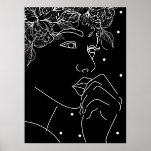 Zwart-wit vrouwelijke bloemen kus lijn kunst poster