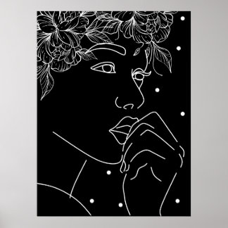Zwart-wit vrouwelijke bloemen kus lijn kunst poster