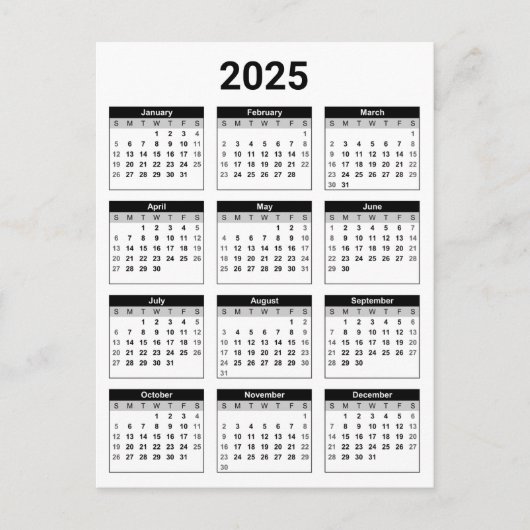 Zwart-wit VS 2025 jaarkalender Briefkaart (Voorkant)
