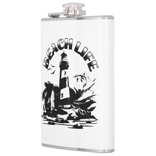 Zwart-wit Vuurtoren Beach Life Heupfles (Links)