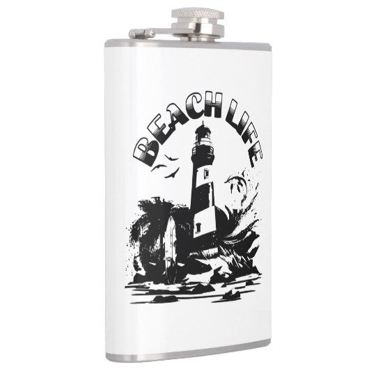 Zwart-wit Vuurtoren Beach Life Heupfles (Rechts)