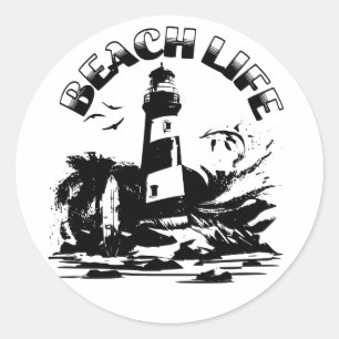 Zwart-wit Vuurtoren Beach Life Ronde Sticker