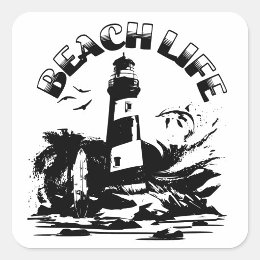 Zwart-wit Vuurtoren Beach Life Vierkante Sticker (Voorkant)