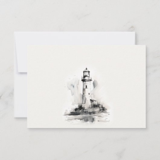 Zwart-wit vuurtoren nautische bruiloft RSVP kaartje (Achterkant)