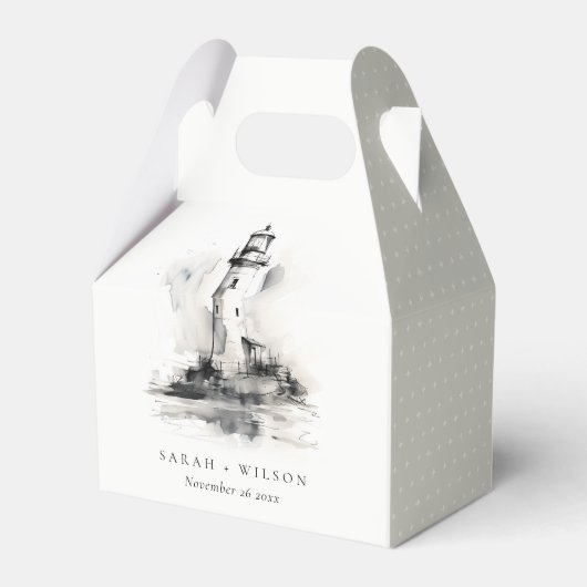 Zwart-wit vuurtoren nautische schets bruiloft bedankdoosjes (Achterkant)