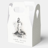 Zwart-wit vuurtoren nautische schets bruiloft bedankdoosjes (Geopend)